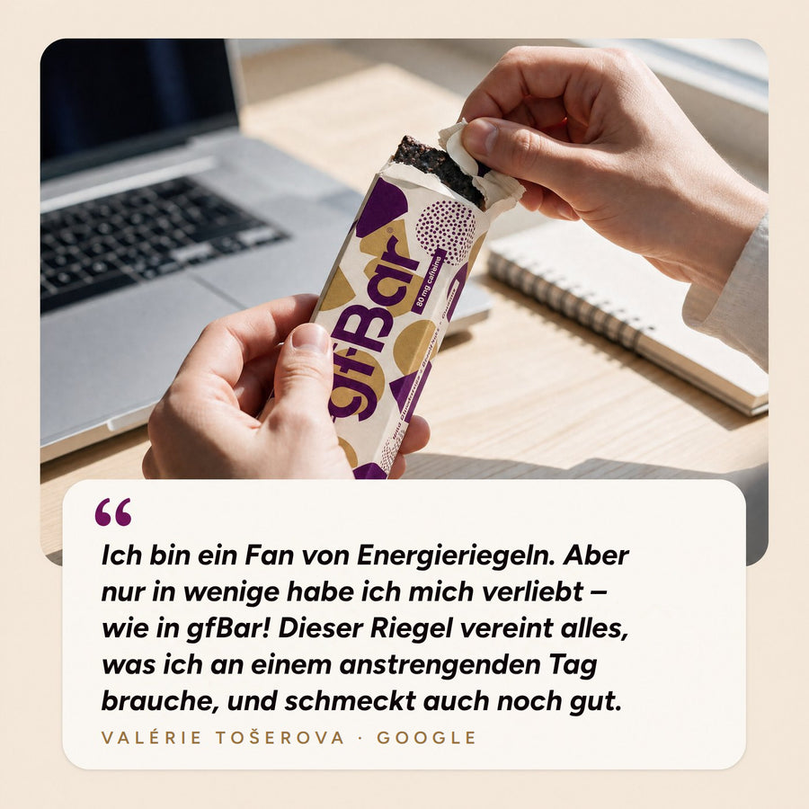 Google-Bewertung von Valérie Tošerova: Ich bin ein Fan von Energieriegeln. Aber nur in wenige habe ich mich verliebt – wie in gfBar! Dieser Riegel vereint alles, was ich an einem anstrengenden Tag brauche, und schmeckt auch noch gut.