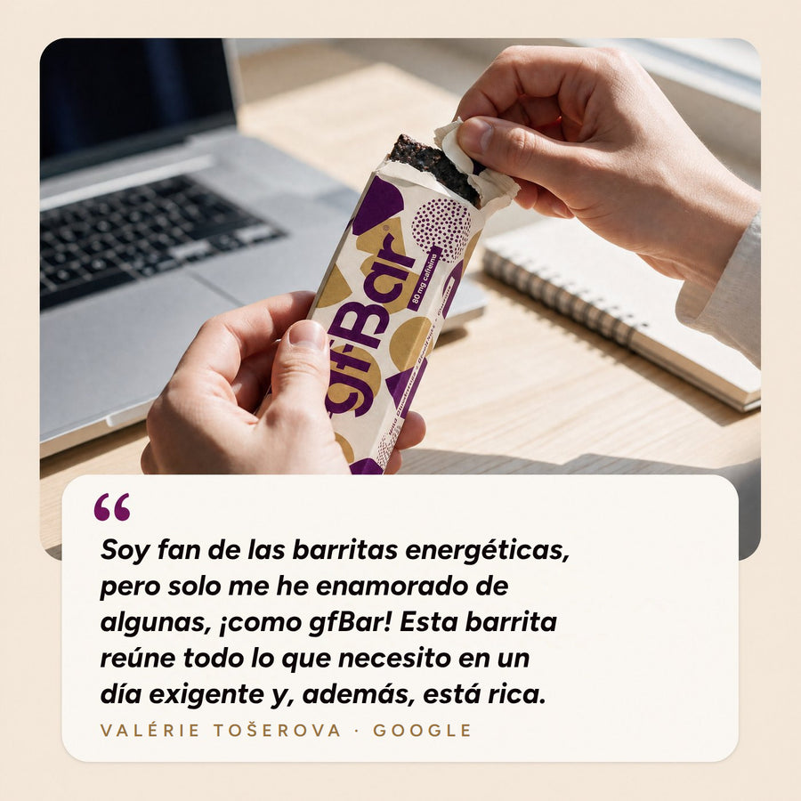 Reseña de Valérie Tošerova en Google: Soy fan de las barritas energéticas, pero solo me he enamorado de algunas, ¡como gfBar! Esta barrita reúne todo lo que necesito en un día exigente y, además, está rica.