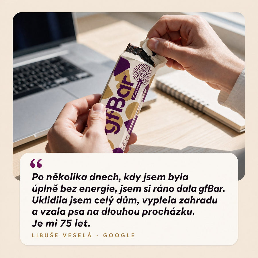 Recenze Libuše Veselé na Googlu: Po několika dnech, kdy jsem byla úplně bez energie, jsem si ráno dala gfBar. Uklidila jsem celý dům, vyplela zahradu a vzala psa na dlouhou procházku. Je mi 75 let.
