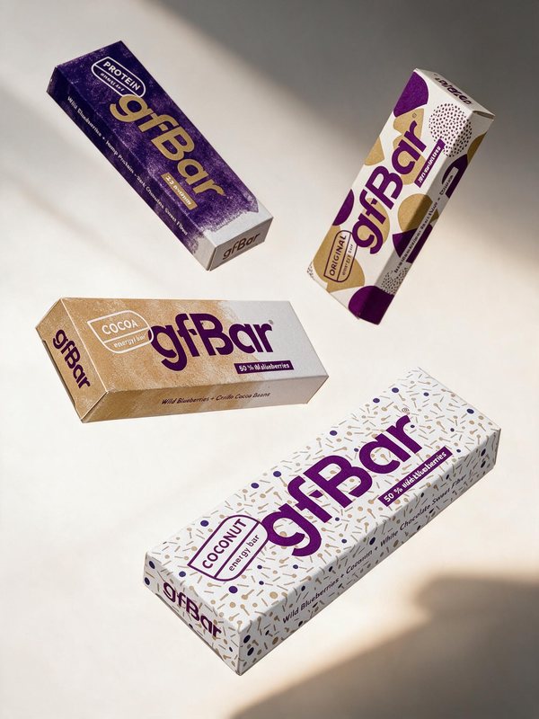 Čtyři tyčinky gfBar ve vzduchu: PROTEIN, ORIGINAL, COCOA a COCONUT