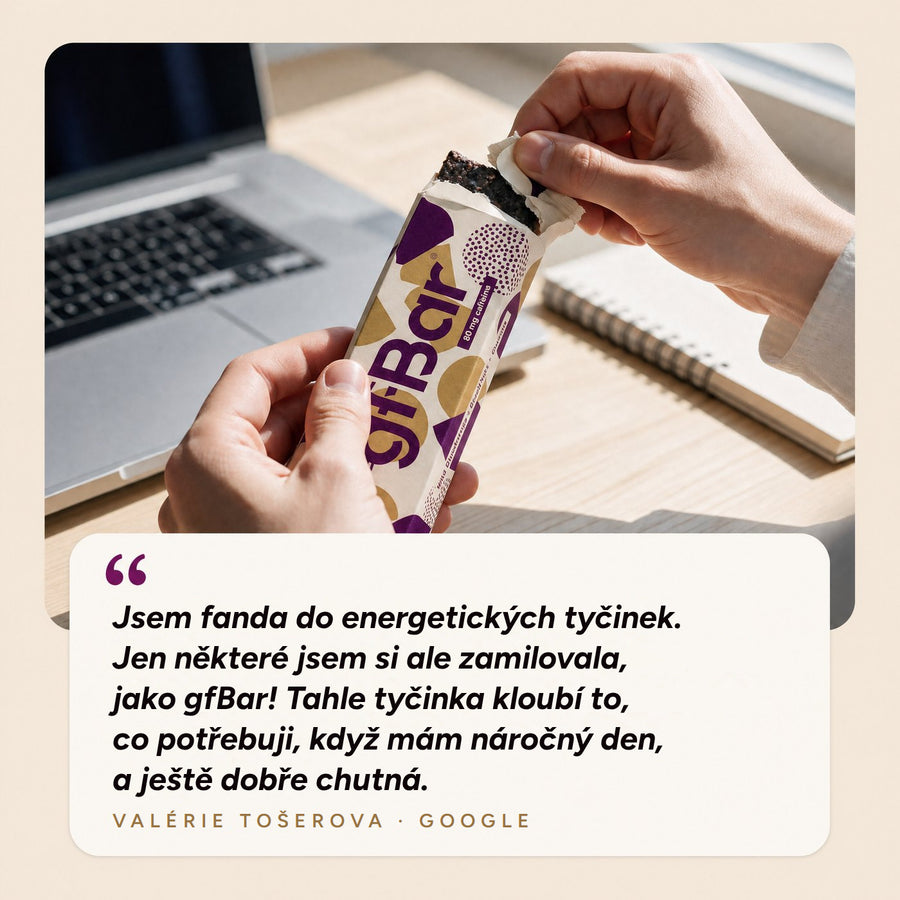 Recenze na Googlu, Valérie Tošerova: Jsem fanda do energetických tyčinek. Jen některé jsem si ale zamilovala, jako gfBar! Tahle tyčinka kloubí to, co potřebuji, když mám náročný den, a ještě dobře chutná.