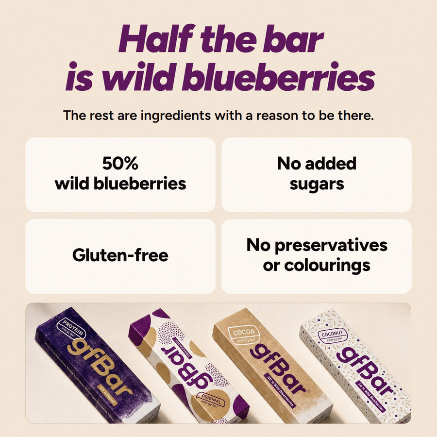 Half the bar is wild blueberries. The rest are ingredients with a reason to be there. 50% wild blueberries, no added sugars, gluten-free, no preservatives or colourings.