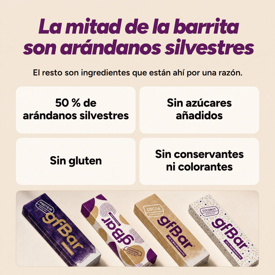 La mitad de la barrita son arándanos silvestres. El resto son ingredientes que están ahí por una razón. 50 % de arándanos silvestres, sin azúcares añadidos, sin gluten, sin conservantes ni colorantes.