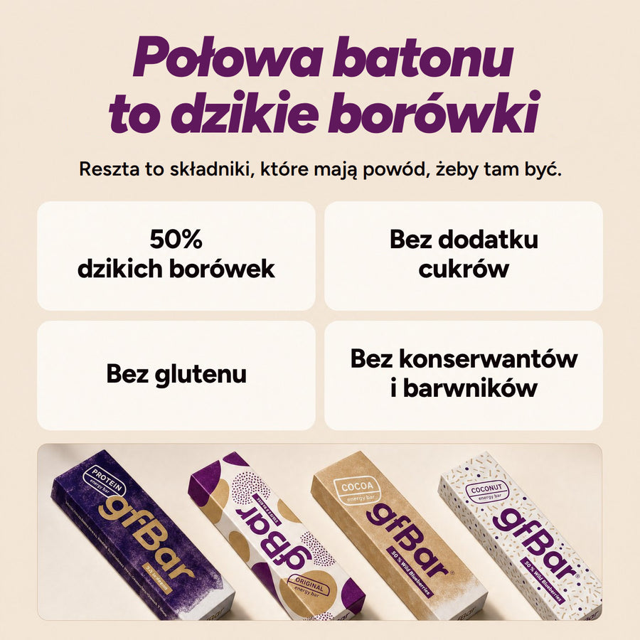 Połowa batonu to dzikie borówki. Reszta to składniki, które mają powód, żeby tam być. 50% dzikich borówek, bez dodatku cukrów, bez glutenu, bez konserwantów i barwników.