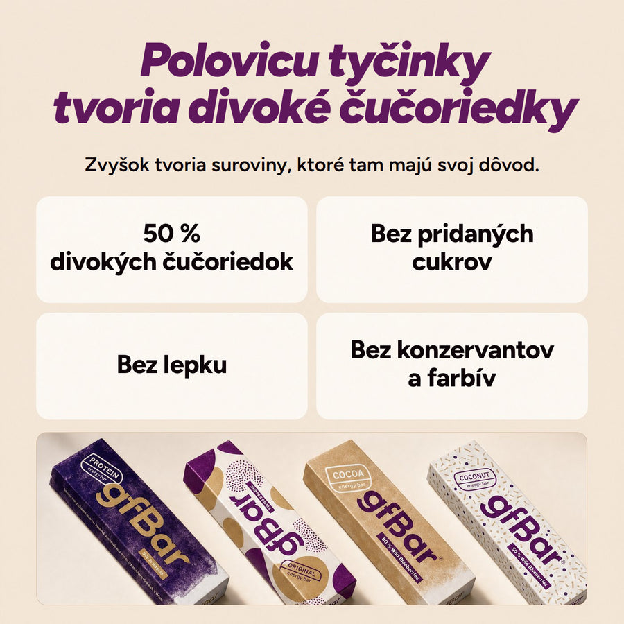 Polovicu tyčinky tvoria divoké čučoriedky. Zvyšok tvoria suroviny, ktoré tam majú svoj dôvod. 50 % divokých čučoriedok, bez pridaných cukrov, bez lepku, bez konzervantov a farbív.