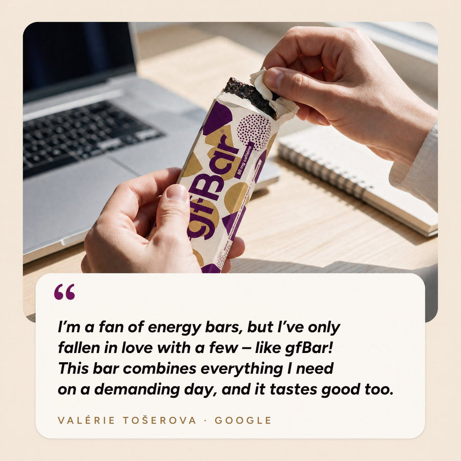 Google review by Valérie Tošerova: I’m a fan of energy bars, but I’ve only fallen in love with a few – like gfBar! This bar combines everything I need on a demanding day, and it tastes good too.