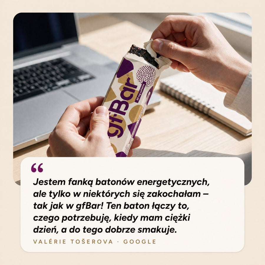 Opinia w Google, Valérie Tošerova: Jestem fanką batonów energetycznych, ale tylko w niektórych się zakochałam – tak jak w gfBar! Ten baton łączy to, czego potrzebuję, kiedy mam ciężki dzień, a do tego dobrze smakuje.